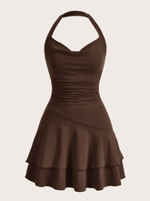 Solid Ruched Layered Ruffle Hem Halter Neck Dress