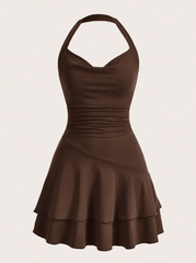 Solid Ruched Layered Ruffle Hem Halter Neck Dress