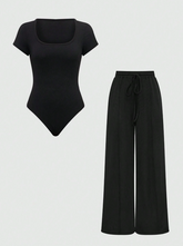 Asymmetric Hem Top And Pants Two Piece Set