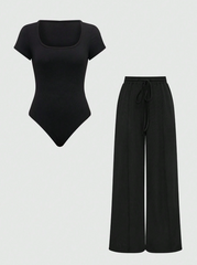 Asymmetric Hem Top And Pants Two Piece Set