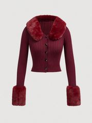 Fuzzy Trim Ribbed Knit Button Front Cardigan, Long Sleeve Tops