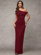 Elegant Asymmetric Shoulder Metal Embellished Maxi Dress