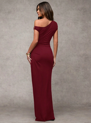 Elegant Asymmetric Shoulder Metal Embellished Maxi Dress