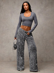 Velvet Shiny Sequin Casual Pants