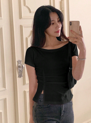 Short Sleeve Ruched Side Split Bodycon Waist T-Shirt Top