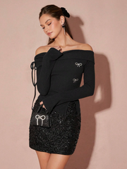 Bow Decor Off Shoulder Fitted Top