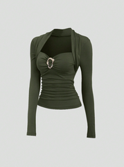 Autumn Metal Decor Button Hollow Out Women T-Shirt