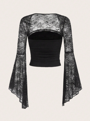 Contrast Lace Flare Sleeve Ruched Blouse
