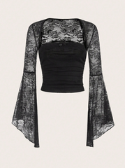 Contrast Lace Flare Sleeve Ruched Blouse