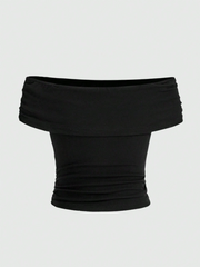 Solid Color Off-Shoulder Ruffle Slim Fit Top