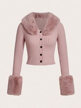 Fuzzy Trim Ribbed Knit Button Front Cardigan, Long Sleeve Tops