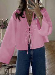 Dropped Shoulder Long Sleeve Self-Tie Front Loose Shirt