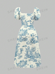 Plant Printed Bubble Sleeve Waist Cinched Dress