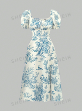 Plant Printed Bubble Sleeve Waist Cinched Dress