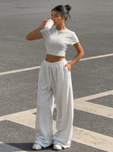 2pcs Women Solid Color Round Neck Short Sleeve Top And Pants Set