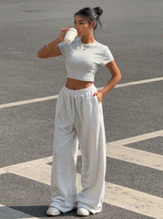 2pcs Women Solid Color Round Neck Short Sleeve Top And Pants Set