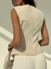 Aloruh Minimalist Crew Neck Sleeveless Ruched Waist Apricot