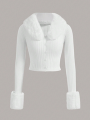 Fuzzy Trim Ribbed Knit Button Front Cardigan, Long Sleeve Tops