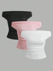 3pcs Solid Off Shoulder Ruched Top