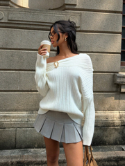 Metal Buckle Off-Shoulder Sweater