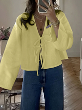 Dropped Shoulder Long Sleeve Self-Tie Front Loose Shirt