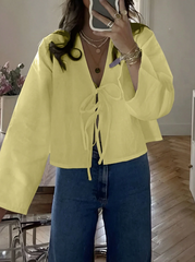 Dropped Shoulder Long Sleeve Self-Tie Front Loose Shirt