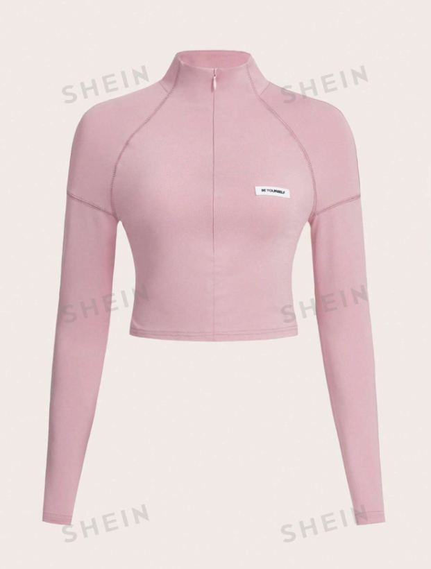 Half Turtle Neck Zipper Plain Slim Fit Long Sleeve T-Shirt