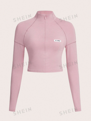 Half Turtle Neck Zipper Plain Slim Fit Long Sleeve T-Shirt
