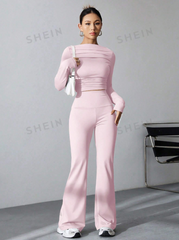 Boat Neckline Pleated Slim Fit Top And Wide Leg Pants Two Piece Set