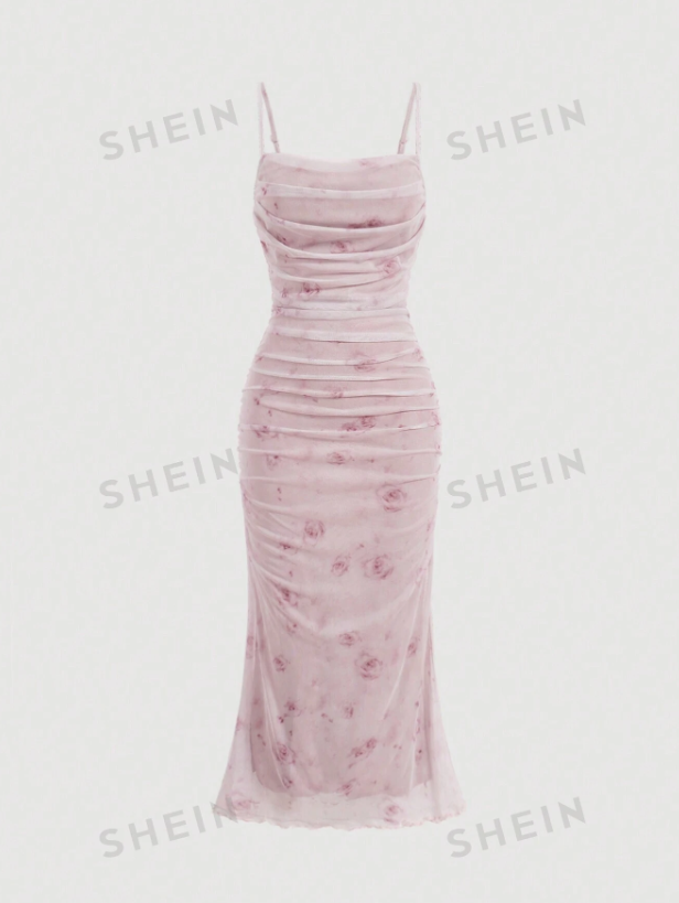 Floral Print Ruched Mesh Cami Long Dress