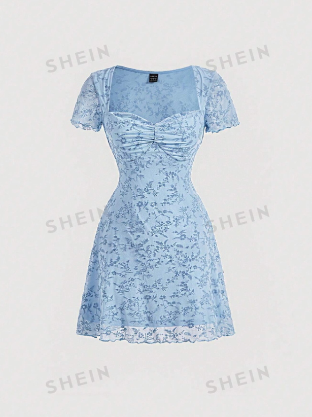 Floral Print Ruched Bust Palace Square Collar Flocking Blue Dress