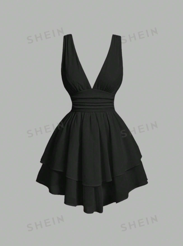 Solid Ruched Bust Two Layer Hem Dress