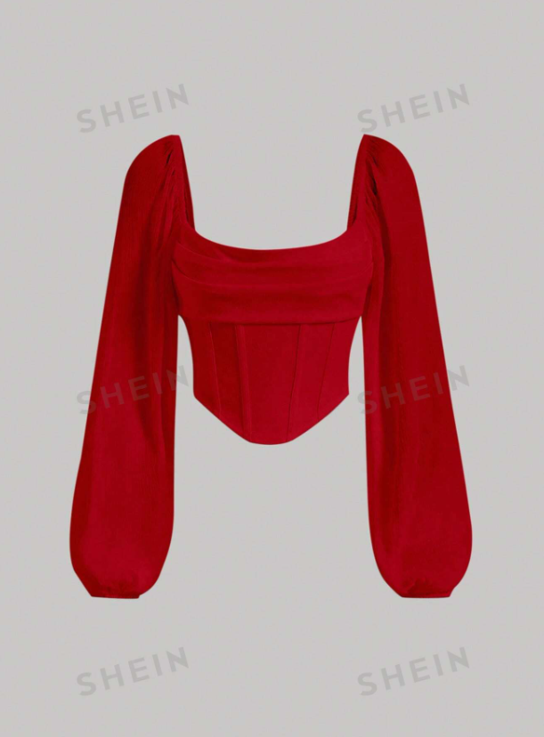 Lantern Sleeve Ruched Scoop Neck Asymmetrical Hem