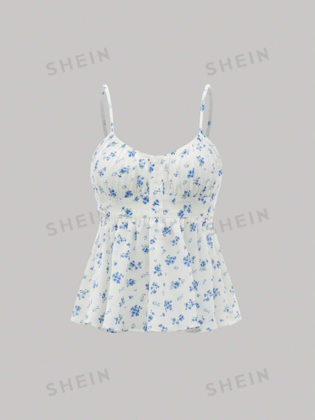 Ditsy Floral Ruched Bust Fake Button Tie Back Summer Ruffle Cami Top