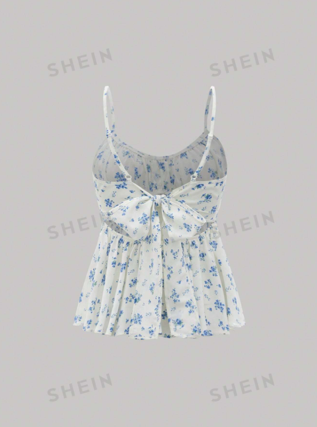 Ditsy Floral Ruched Bust Fake Button Tie Back Summer Ruffle Cami Top