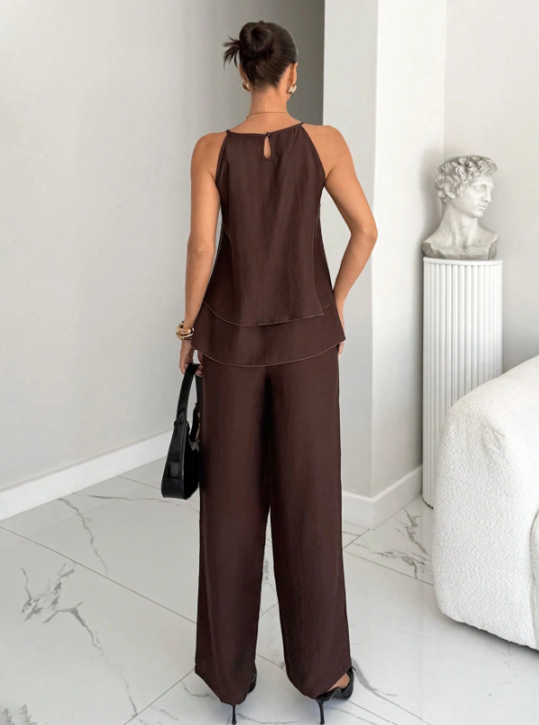 Elegant Dark Brown Summer Ruffled Camisole And Wide Leg Pants Set,2 Pieces
