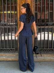 Summer 2pc Blue Women Summer Casual Striped A-Line Top And Wide Straight Pants Elegant Set