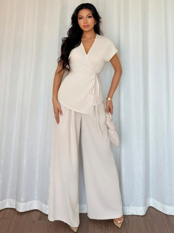 Elegant Wrap-Style Batwing Sleeve Blouse + Wide Leg Loose Pants 2-Piece Set