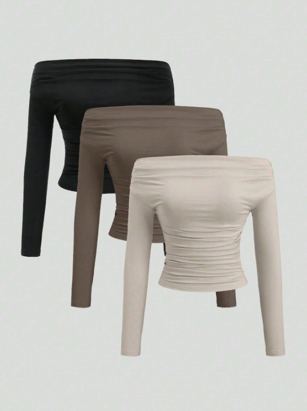 3-Piece Set Women Tops: Open Shoulder Long Sleeve, Form-Fitting Cropped Tops