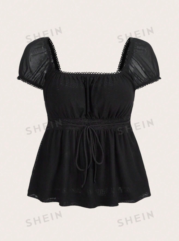 Square Neck Puff Sleeve Tie Front Top