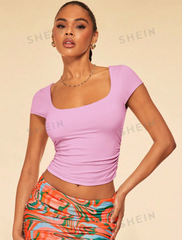 Square Neck Ruched Side Crop Tee