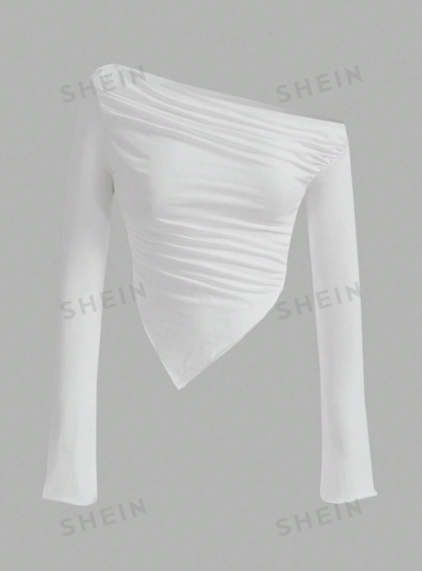 Solid Color Asymmetrical Collar Pleated T-Shirt