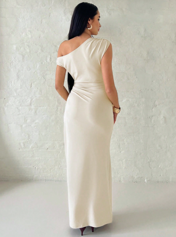 Elegant Asymmetric Shoulder Metal Embellished Maxi Dress