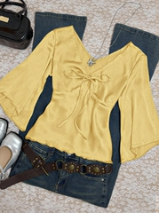 Autumn Simple Solid Color Front Tie Flare Sleeve Shirt