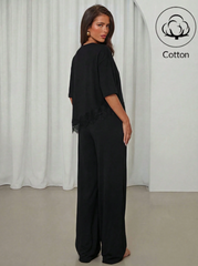 Two Pieces Set,Lace-Paneled T-Shirt&Long Pants With Asymmetrical Hem
