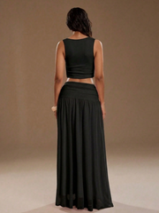 Elegant V-Neck Camisole And High-Waisted Mesh Skirt 2-Piece Set