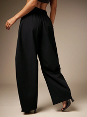 Summer Casual Solid Charcoal Pleated Oversized Barrel Pants