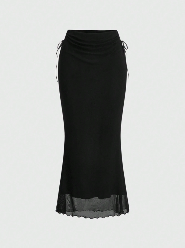 Women's Mesh Ribbon Tie Design Mermaid Hem Long Skirt