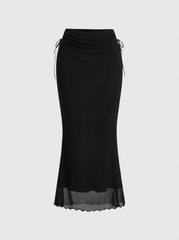 Women's Mesh Ribbon Tie Design Mermaid Hem Long Skirt