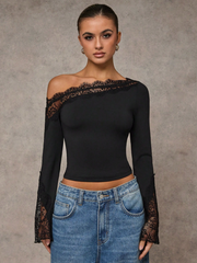 Asymmetric Neck Flare Sleeve Cropped Fitted Elegant Top